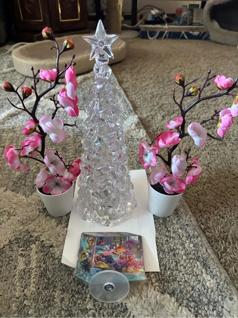 Crystal LED Holiday Tree Decor with Pink Blossom Accents tree is battery operate